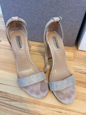 Steve Madden Beige Rhinestone Ankle-Strap High Heels